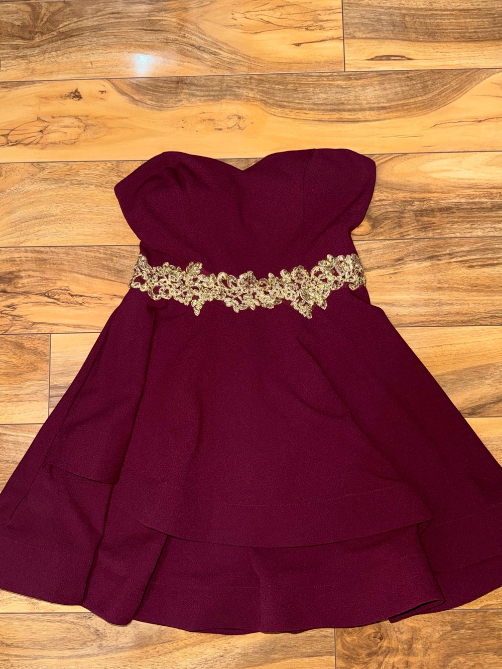 Women’s Strapless Burgundy Dress with Gold Lace Waist